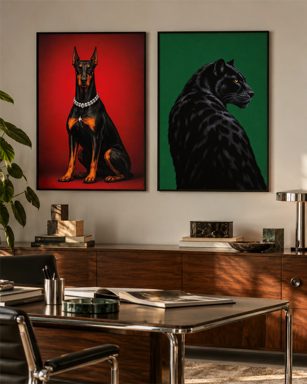 Black Panther and Doberman portrait posters displayed side by side above a wooden sideboard.