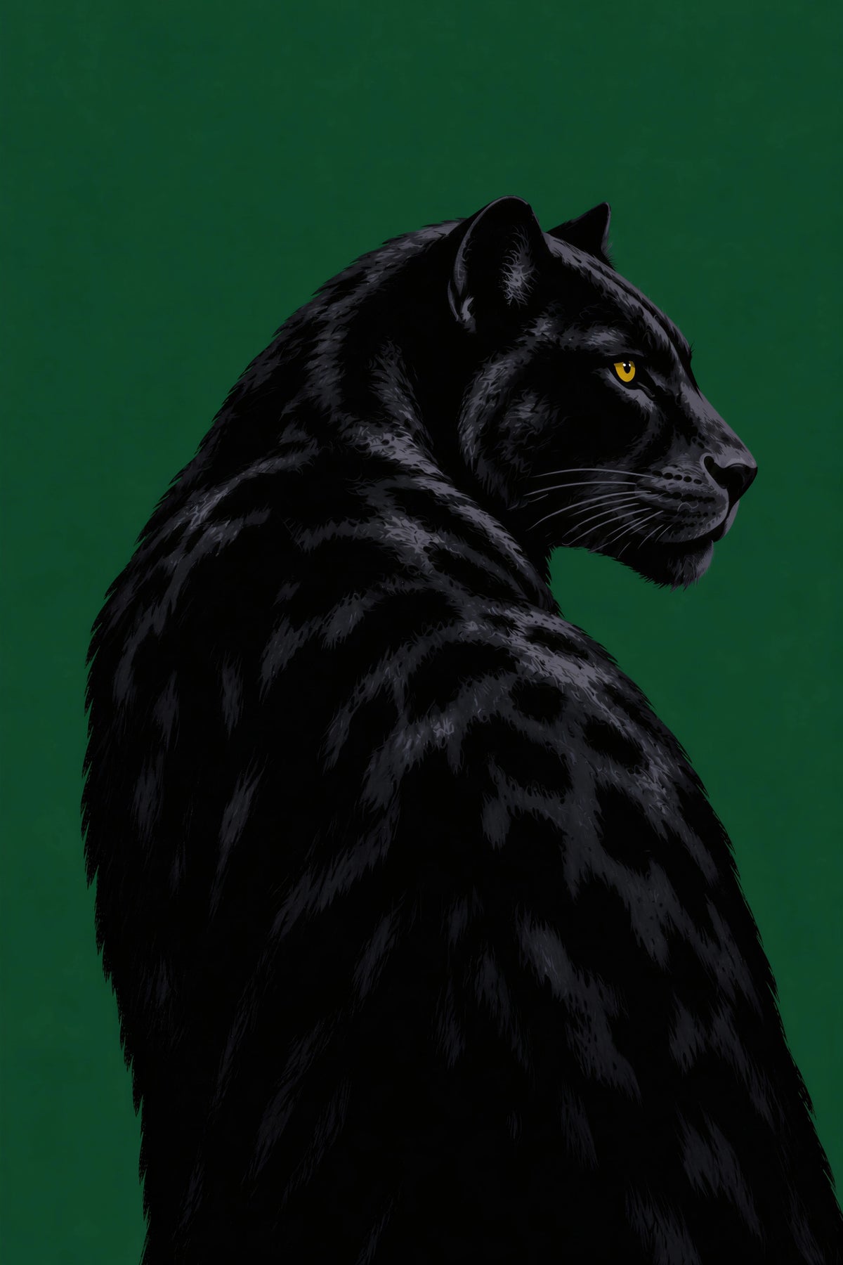 Black panther with a yellow eye looking over its shoulder against a deep green background.