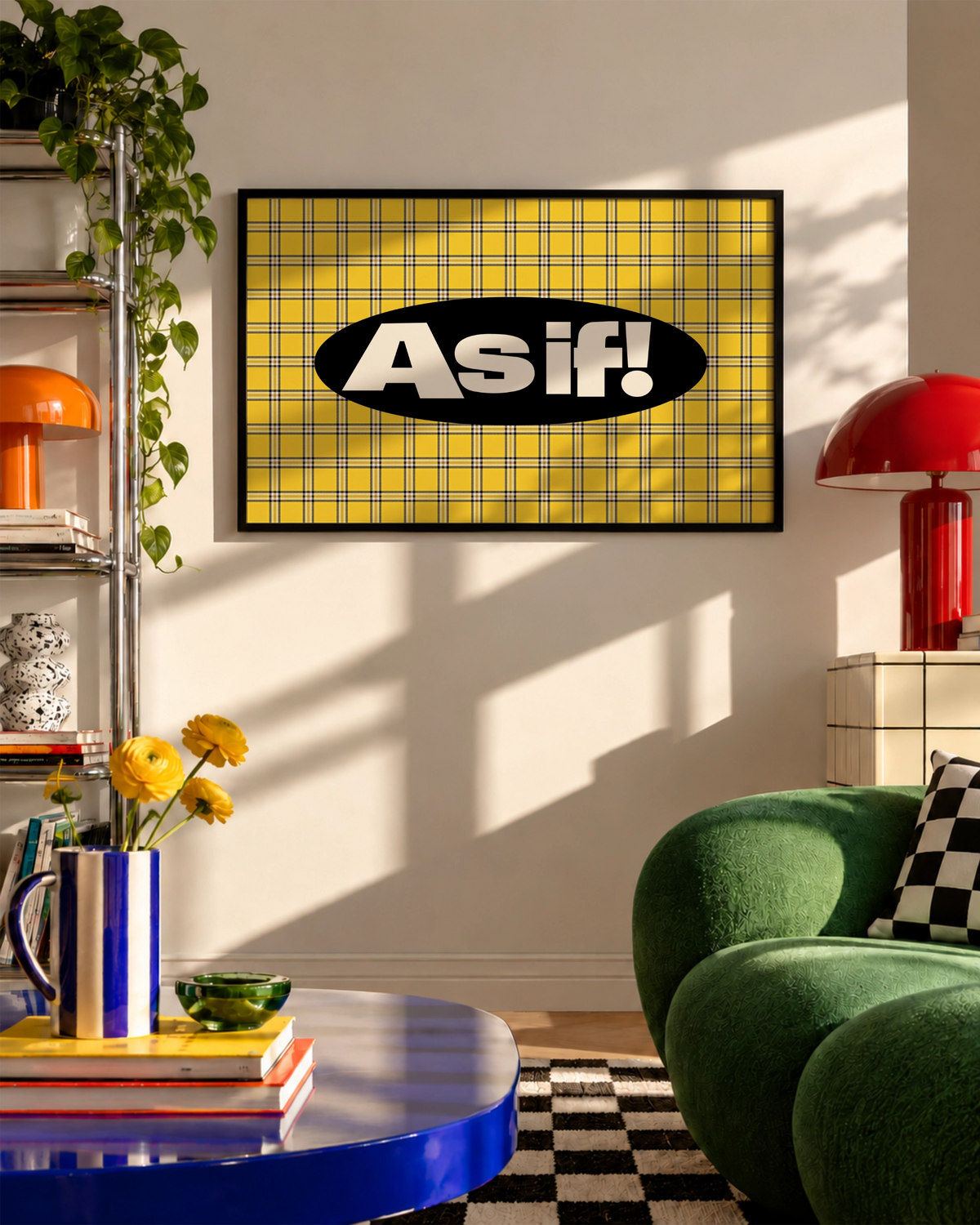 As If yellow plaid quote art print displayed as framed wall art in an interior.