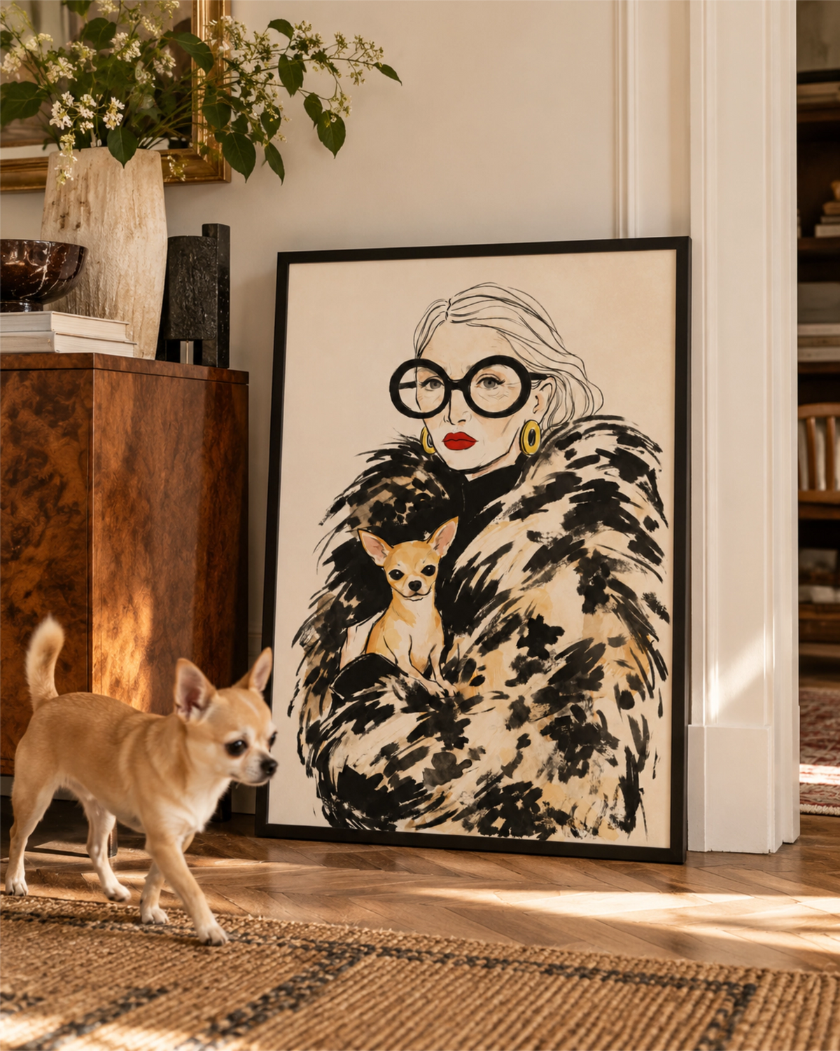 Ingelijste kunstdruk Big Coat Energy naast een chihuahua in een zonnig interieur.