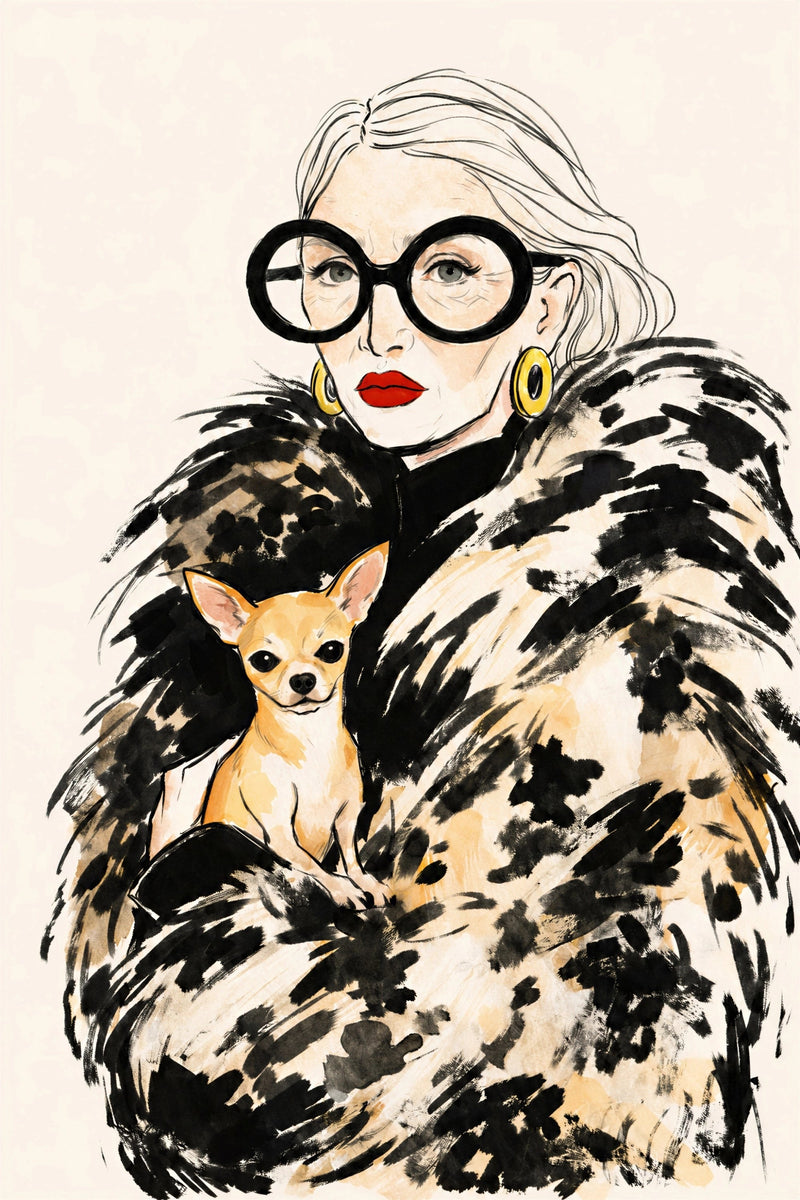 Big Coat Energy fashion illustration of a woman in an oversized leopard-print coat, large black glasses and red lipstick holding a tiny chihuahua.