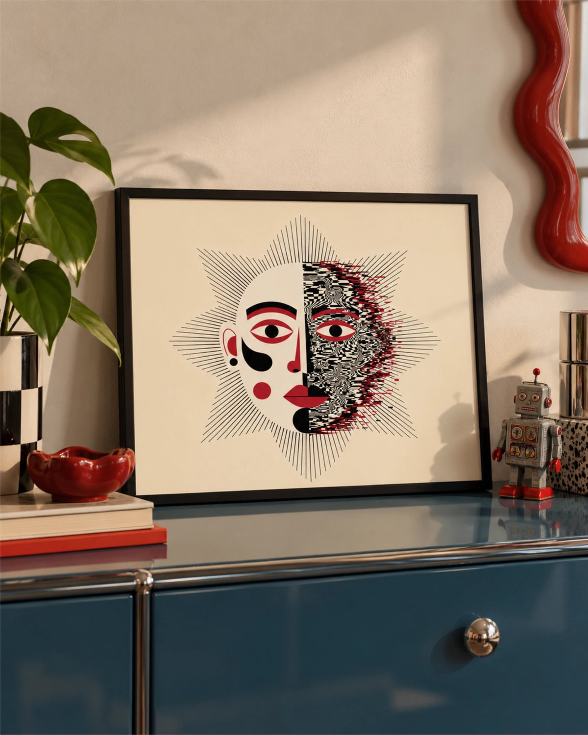 Duality in a black frame leaning on a blue console, styled with a red bowl, a plant and a vintage robot