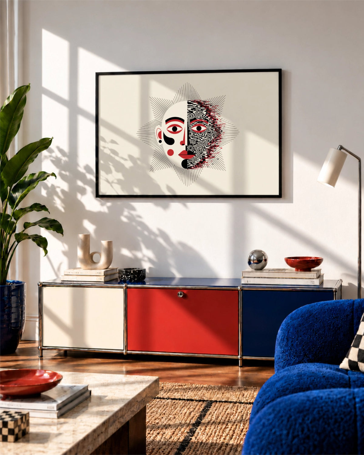 Duality framed in black above a colourful sideboard in a bright modern living room with strong sunlight