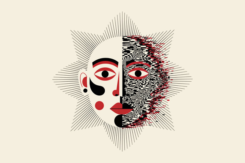 Abstract face split between clean geometric features and black-and-white optical distortion, surrounded by fine radial lines in red, black and ivory