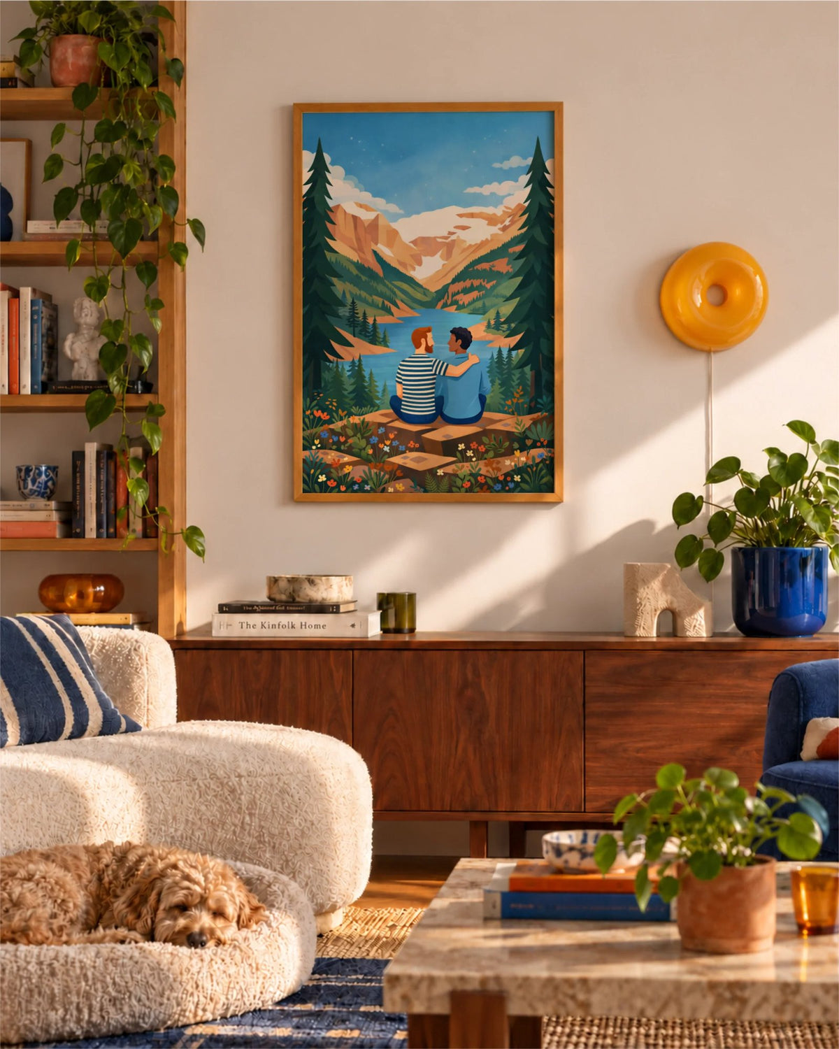 Our Quiet Place framed art print above a wooden sideboard in a warm living room with plants, blue accents and a dog resting nearby