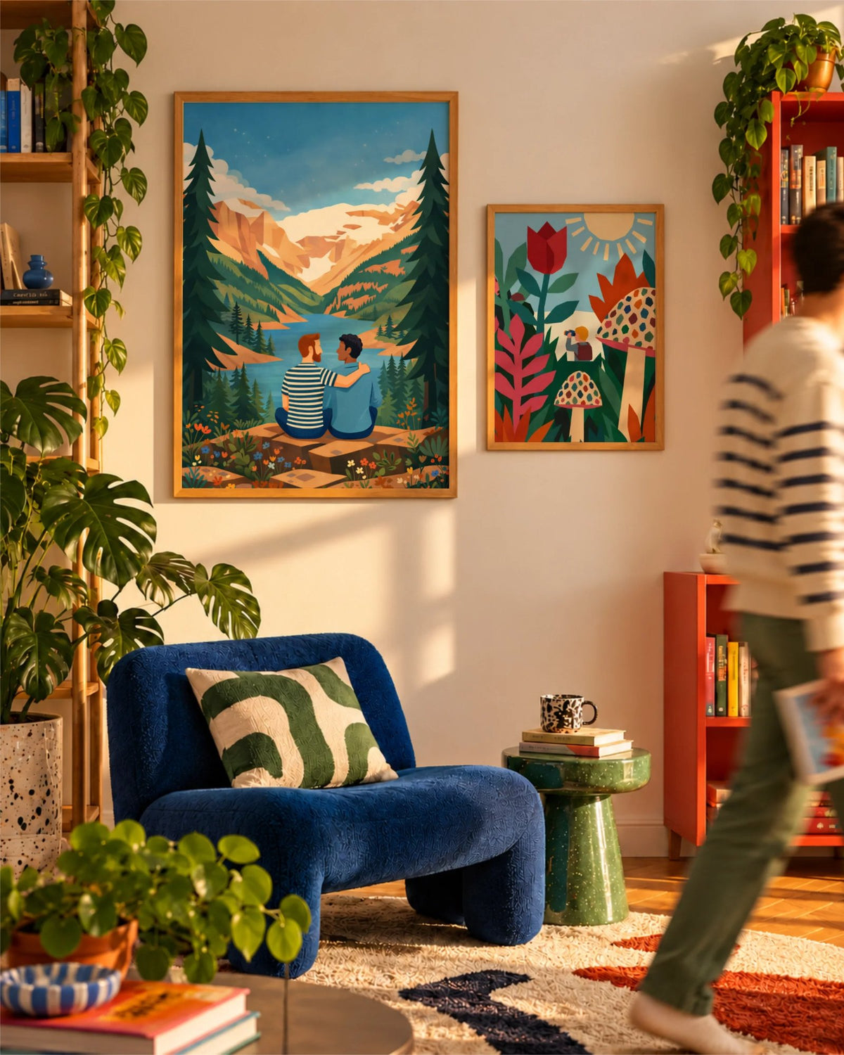 Our Quiet Place and Field Trip framed art prints displayed together in a playful living room with a blue armchair, colourful decor and a person walking past