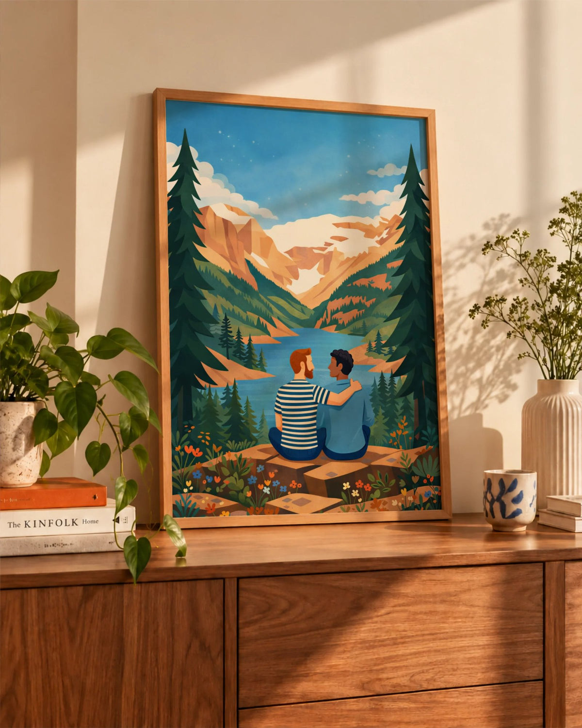 Our Quiet Place framed art print leaning on a wooden sideboard, styled with leafy plants, books and ceramics in warm afternoon light