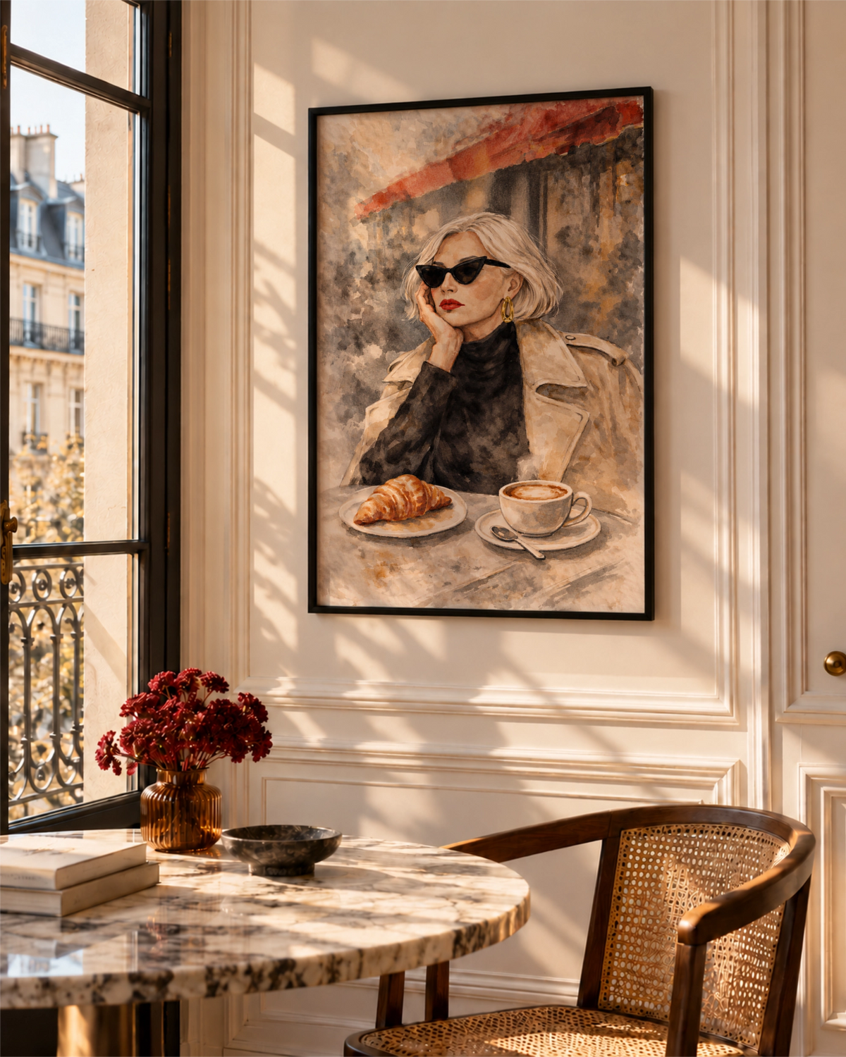 The Usual framed poster displayed on a cream wall beside a sunlit window and a small café table.