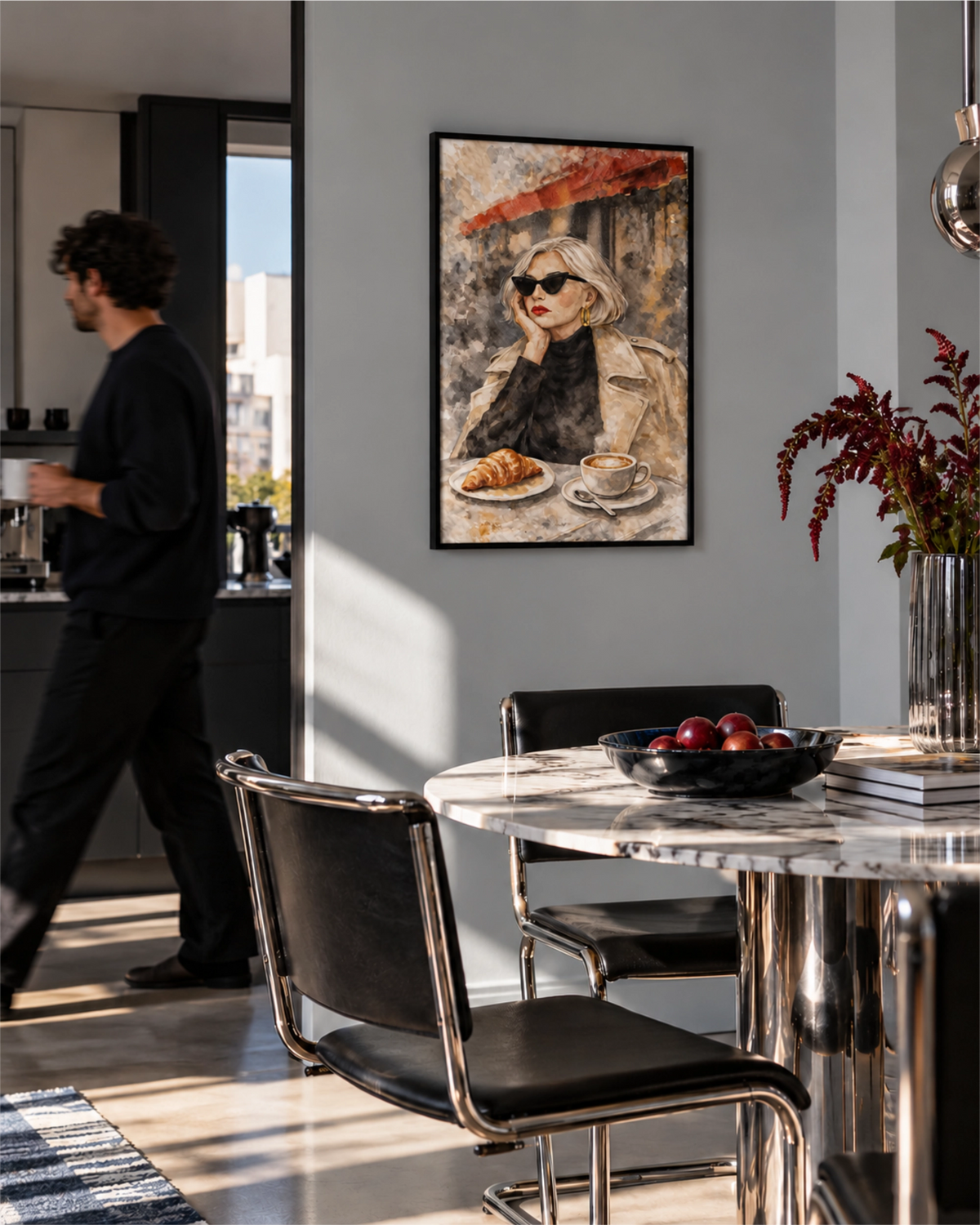 The Usual framed poster displayed in a contemporary dining area with dark furniture and a vase of flowers.