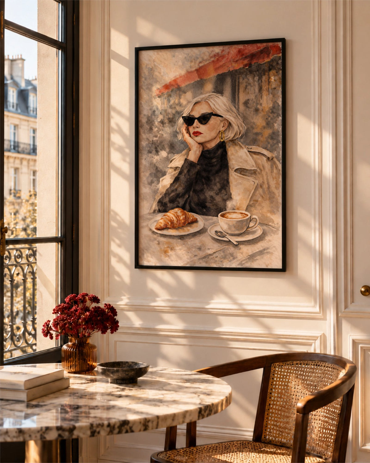 The Usual framed poster displayed on a cream wall beside a sunlit window and a small café table.