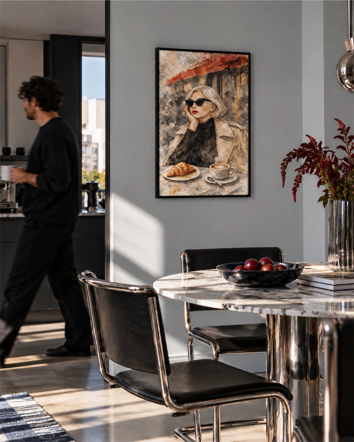 The Usual framed poster displayed in a contemporary dining area with dark furniture and a vase of flowers.