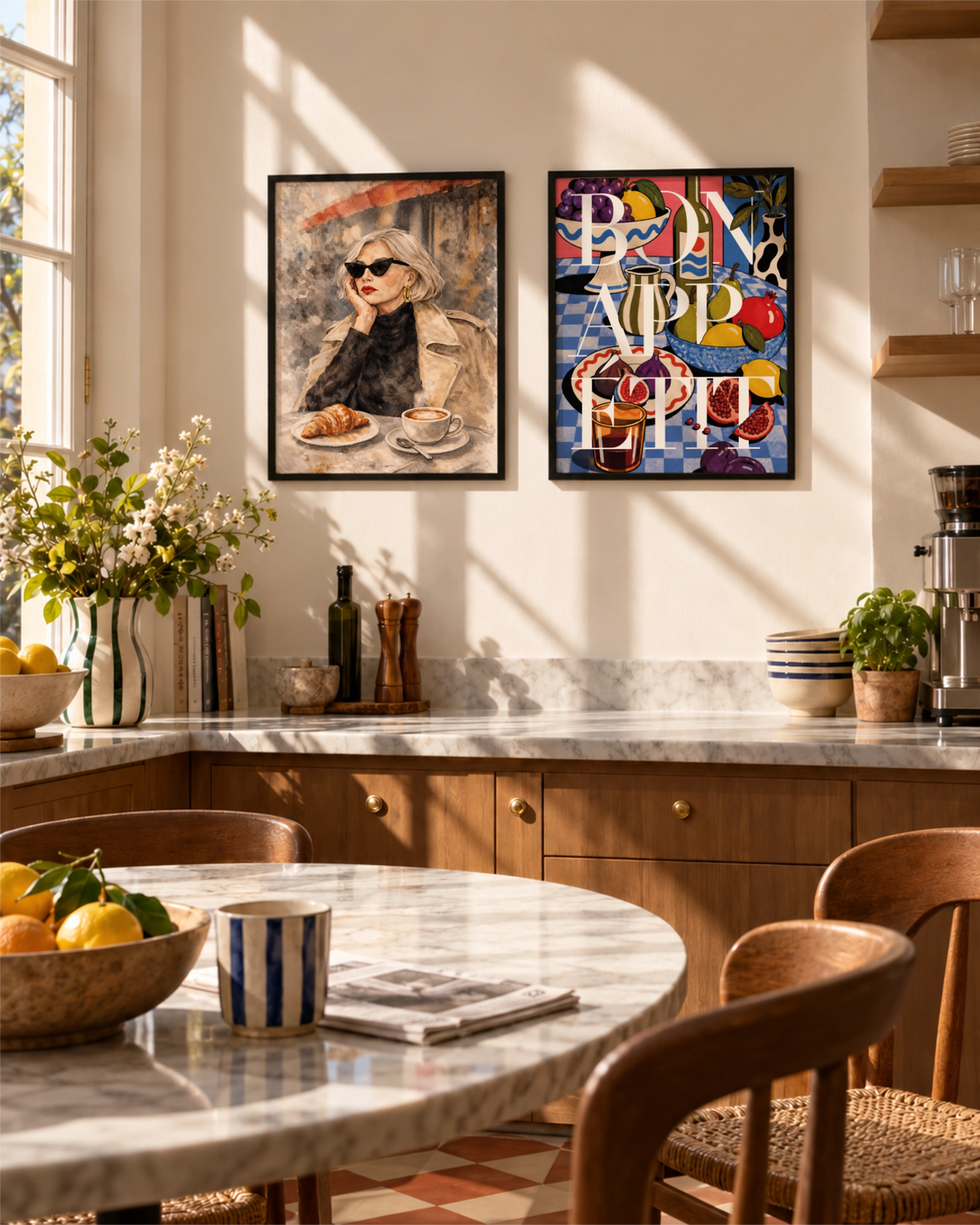 The Usual and Bon Appétit posters displayed side by side in a warm modern kitchen.