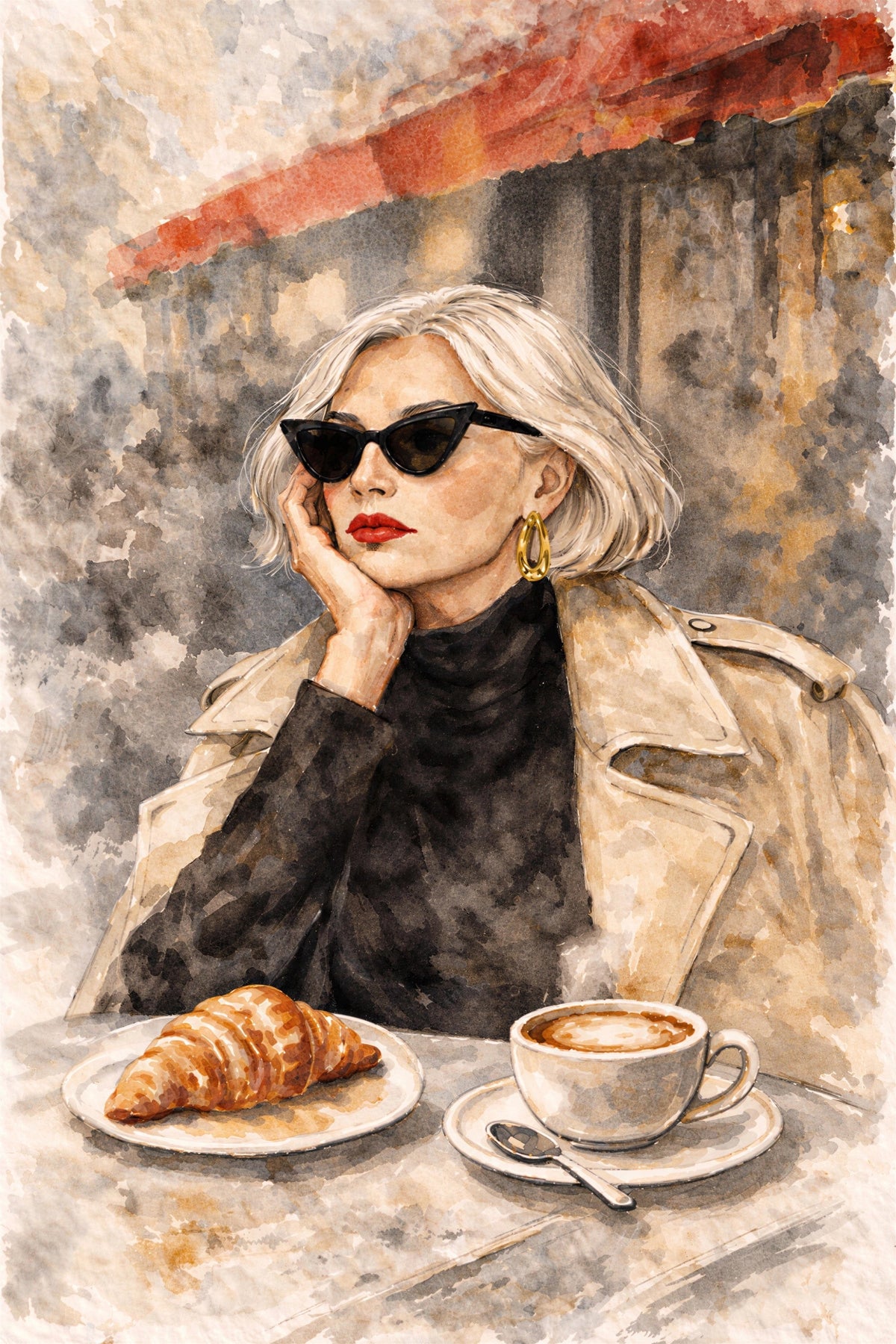 A stylish blonde woman in black cat-eye sunglasses and a beige trench coat sits at a café with a croissant and coffee.