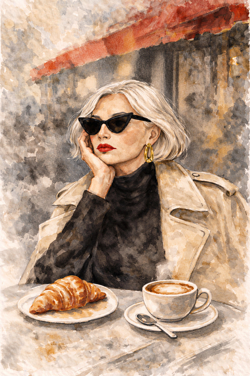 A stylish blonde woman in black cat-eye sunglasses and a beige trench coat sits at a café with a croissant and coffee.