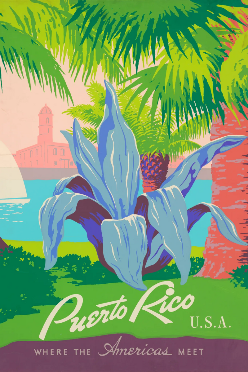 Póster de viagem vintage Discover Puerto Rico, da WPA, com os seus verdes, azuis, corais e turquesas vivos restaurados.