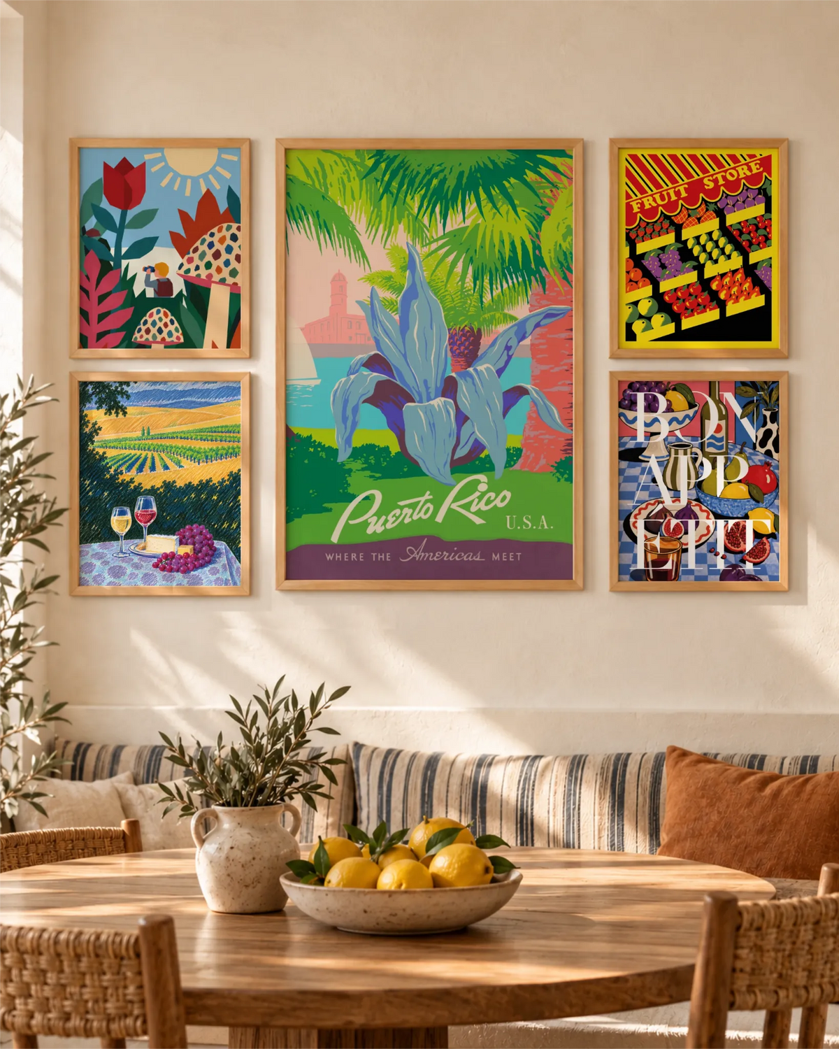 Discover Puerto Rico vintage travel poster centred in a natural wood frame in a colourful gallery wall.