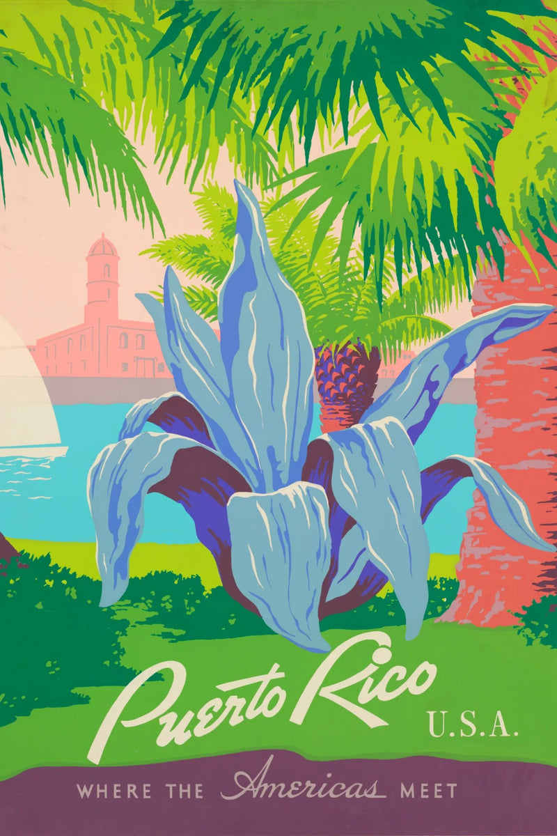 Discover Puerto Rico vintage WPA travel poster with restored vivid green, blue, coral and turquoise colours.