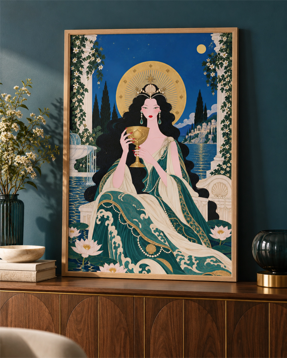 Poster Queen of Cups incorniciato su una parete verde petrolio intenso sopra una credenza in legno.