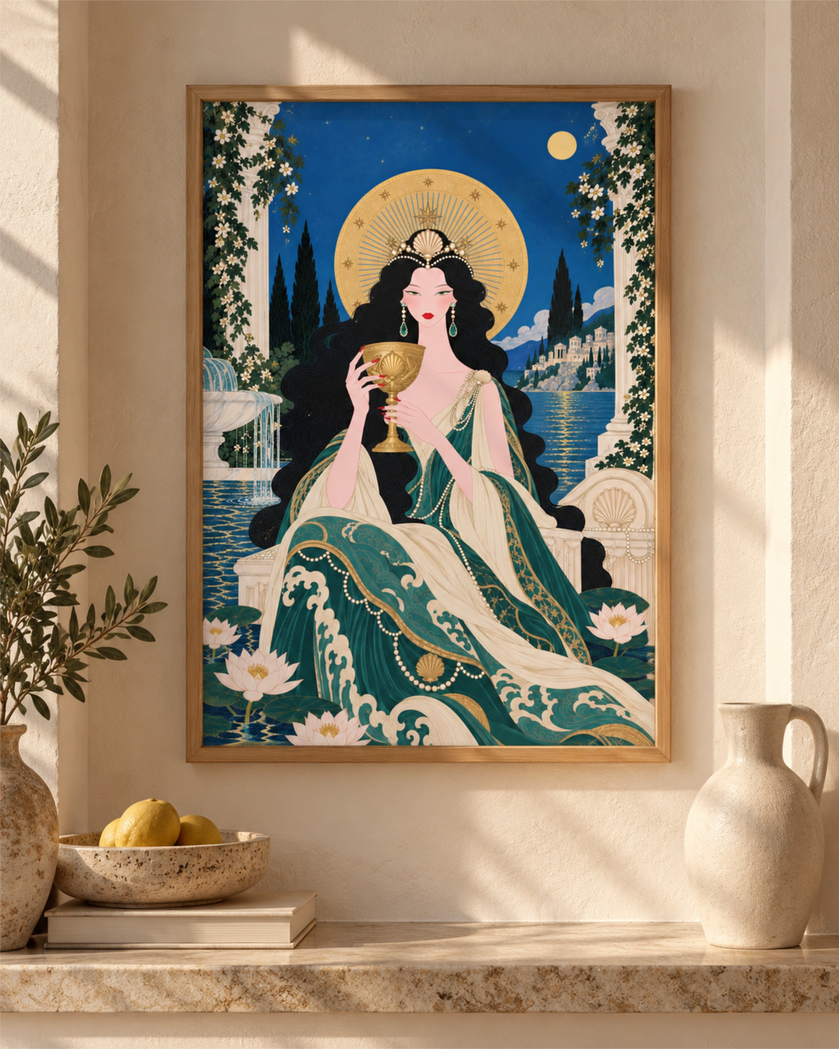 Affiche Queen of Cups dans un cadre en bois naturel, exposée dans une alcôve ensoleillée aux tons neutres.