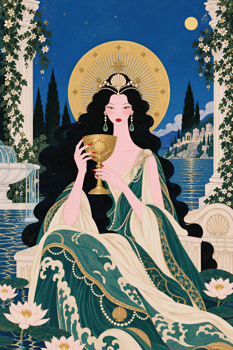 Queen of Cups tarot-inspired art print depicting a crowned woman in teal and ivory robes holding a golden chalice beside blue water and lotus flowers.