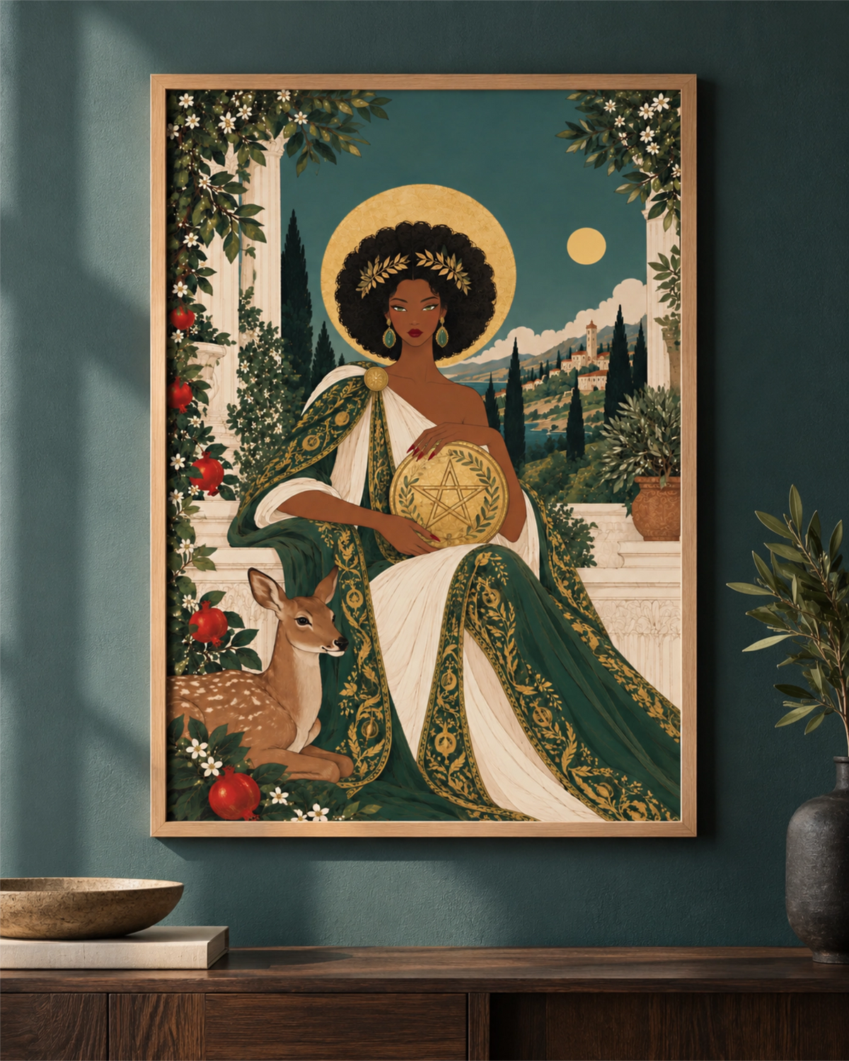 Affiche Queen of Pentacles dans un cadre en bois naturel, exposée dans une alcôve chaleureuse aux tons neutres.