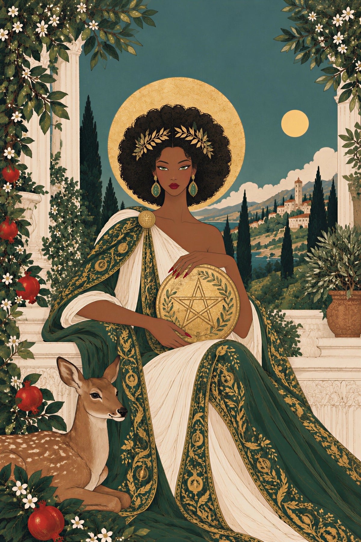 Lámina Queen of Pentacles inspirada en el tarot: una mujer coronada con túnica verde y marfil sostiene un oro dorado junto a un ciervo en un jardín frondoso