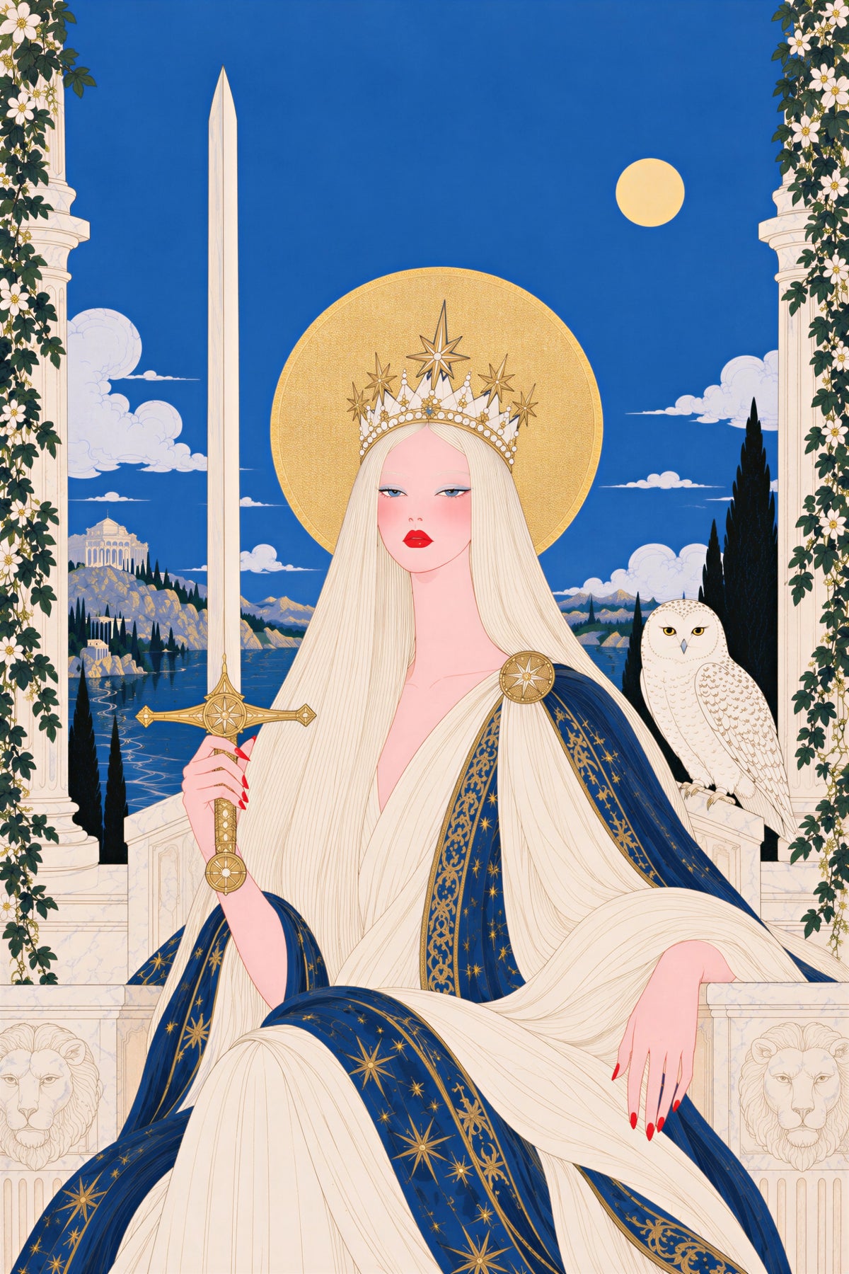 Queen of Swords tarot-inspired art print showing a crowned woman in blue and ivory robes holding an ornate sword beside a white owl.