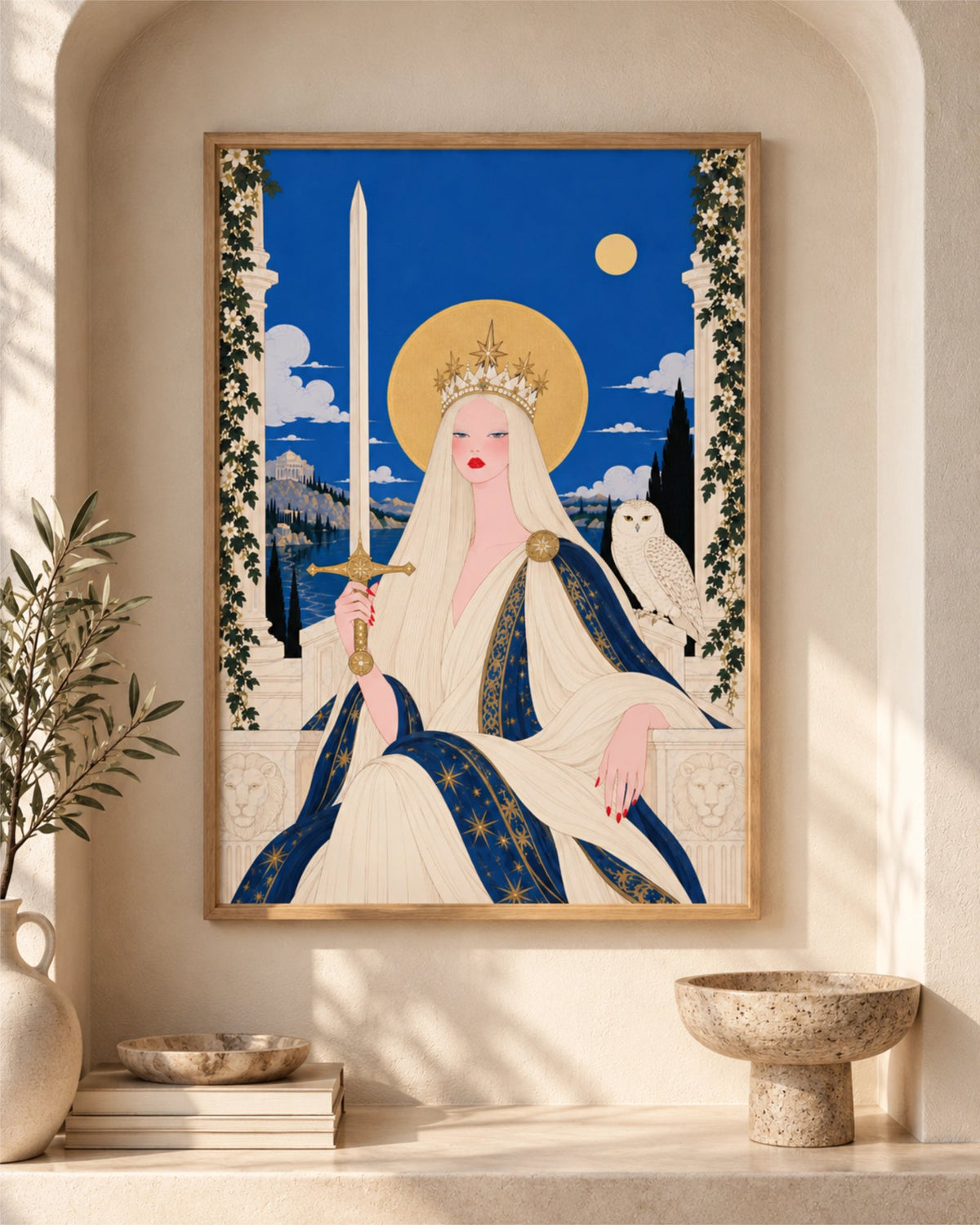 Lámina Queen of Swords con marco de madera natural en una hornacina neutra y luminosa