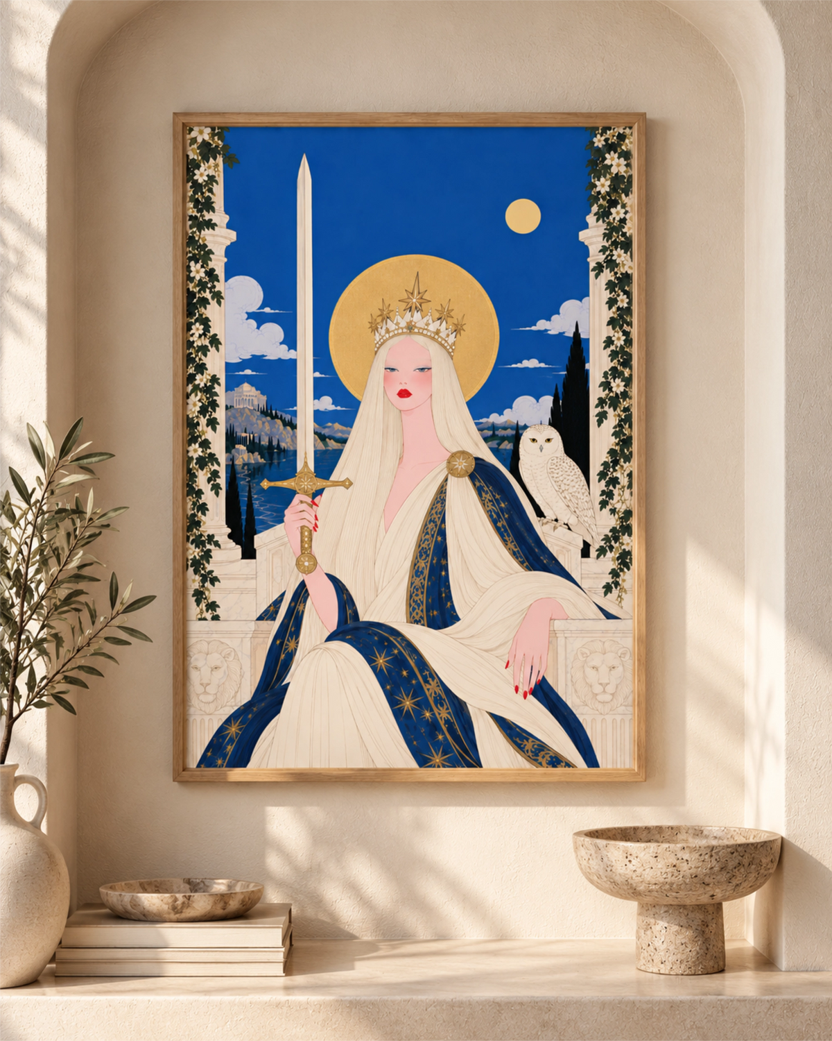 Queen of Swords art print in a natural wood frame displayed in a sunlit, neutral alcove.