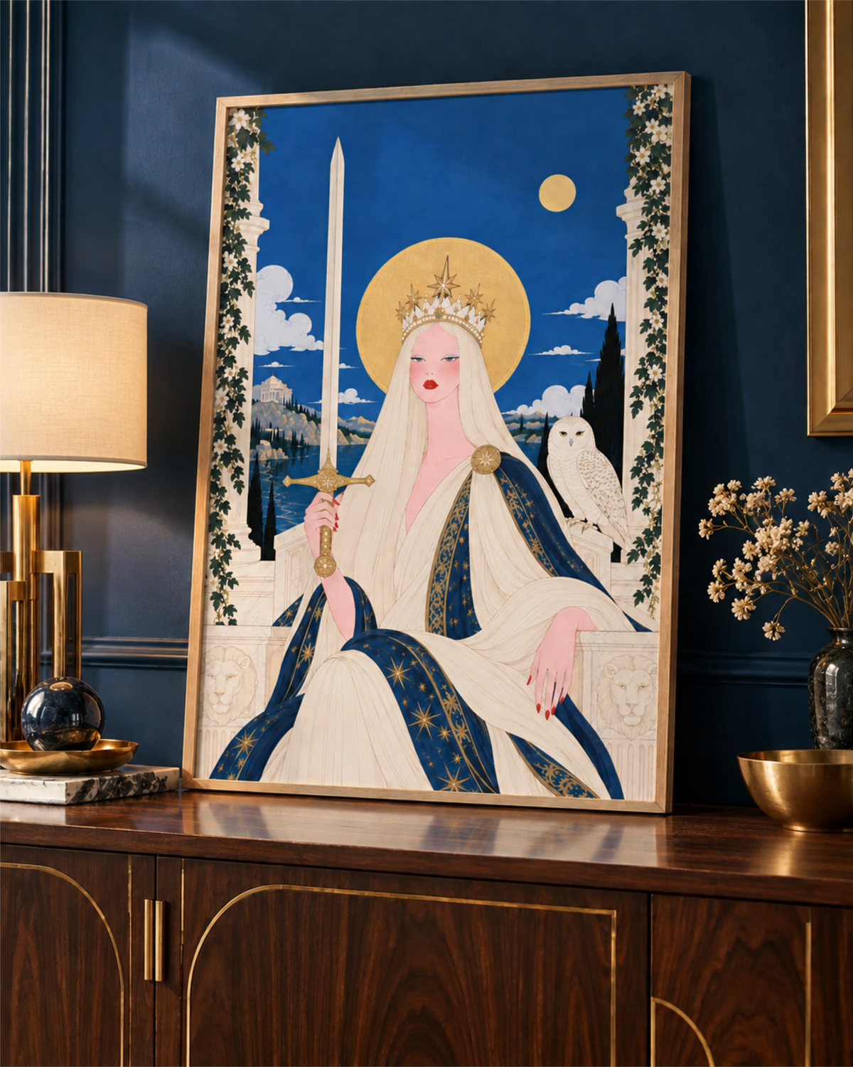 Queen of Swords framed art print styled against a deep blue wall above a wooden sideboard.