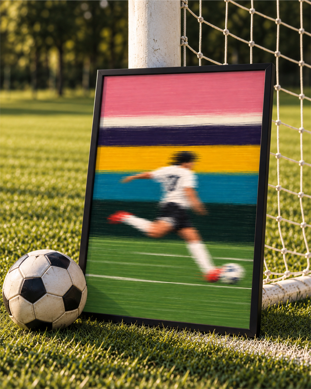 The Final Third art print in a black frame leaning against a soccer goalpost beside a ball on the grass.
