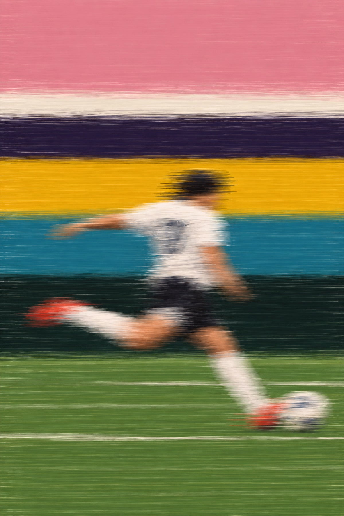 Stampa d’arte The Final Third: un calciatore in maglia bianca calcia il pallone tra strisce rosa, gialle, blu e verdi sfocate dal movimento.