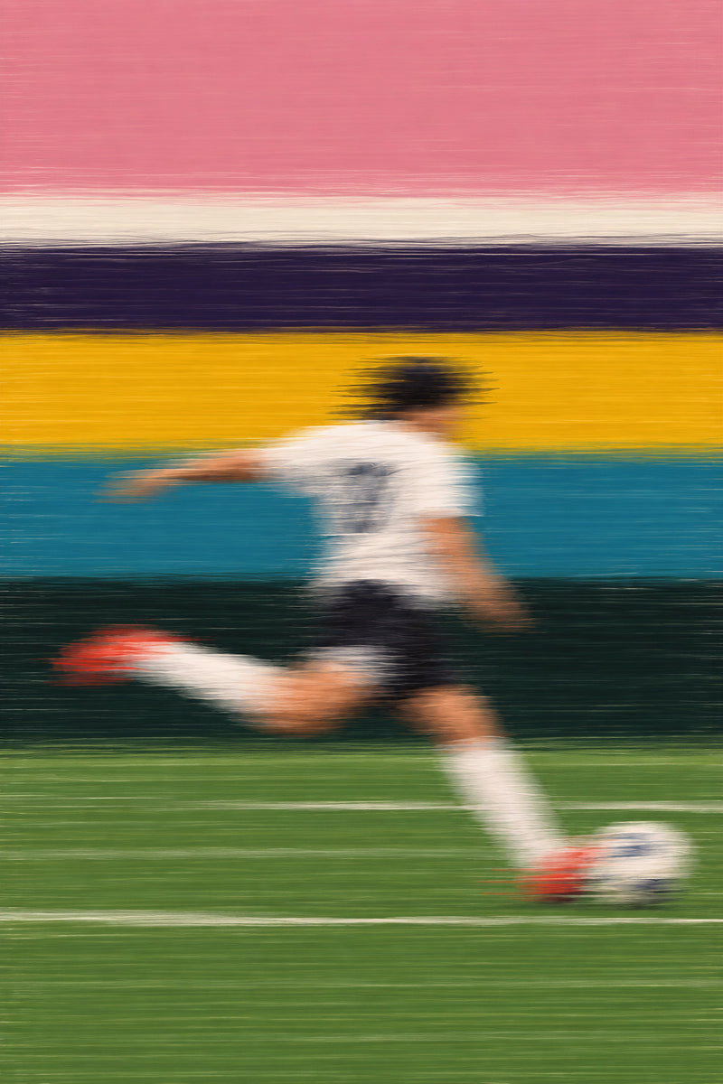 The Final Third art print showing a soccer player in a white shirt kicking a ball through pink, yellow, blue and green motion-blurred stripes.