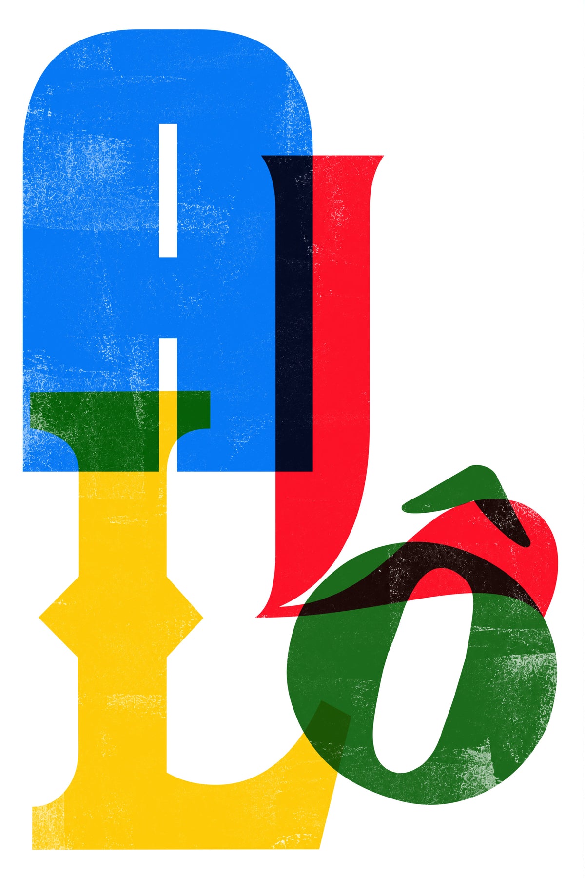 Colourful typographic Allô poster with overlapping blue, red, yellow and green letterforms on a white background