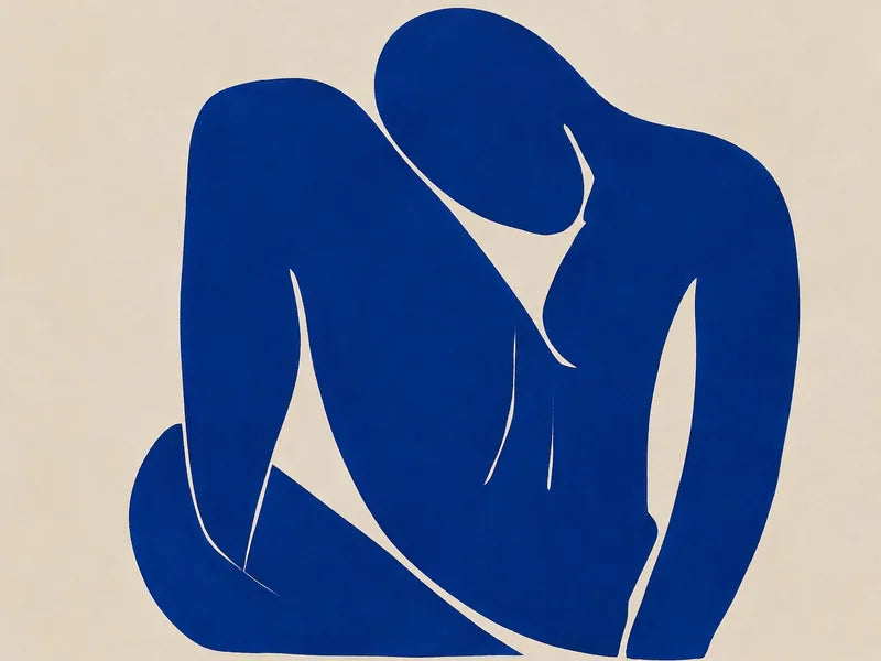 Blue cut-out figure of a seated woman on a cream background