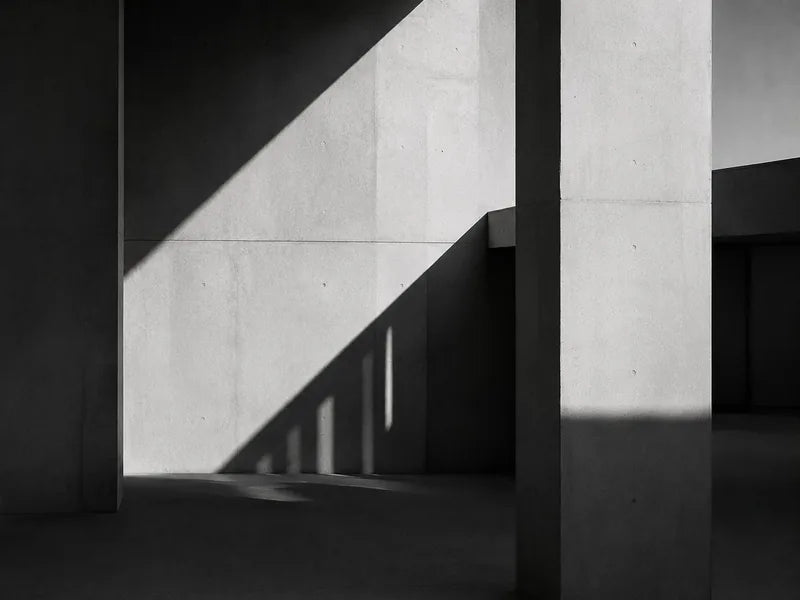 Black-and-white photo of concrete columns crossed by a diagonal shadow
