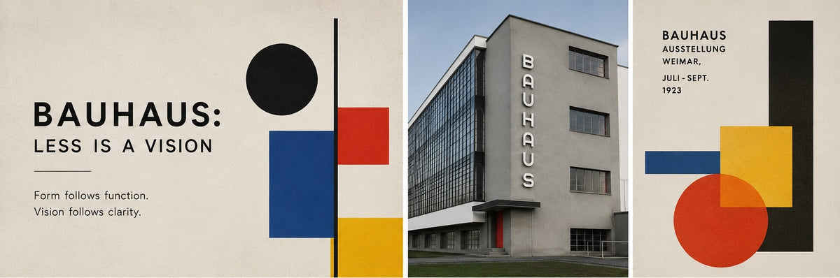 Bauhaus-style geometric posters on either side of the Bauhaus building in Dessau